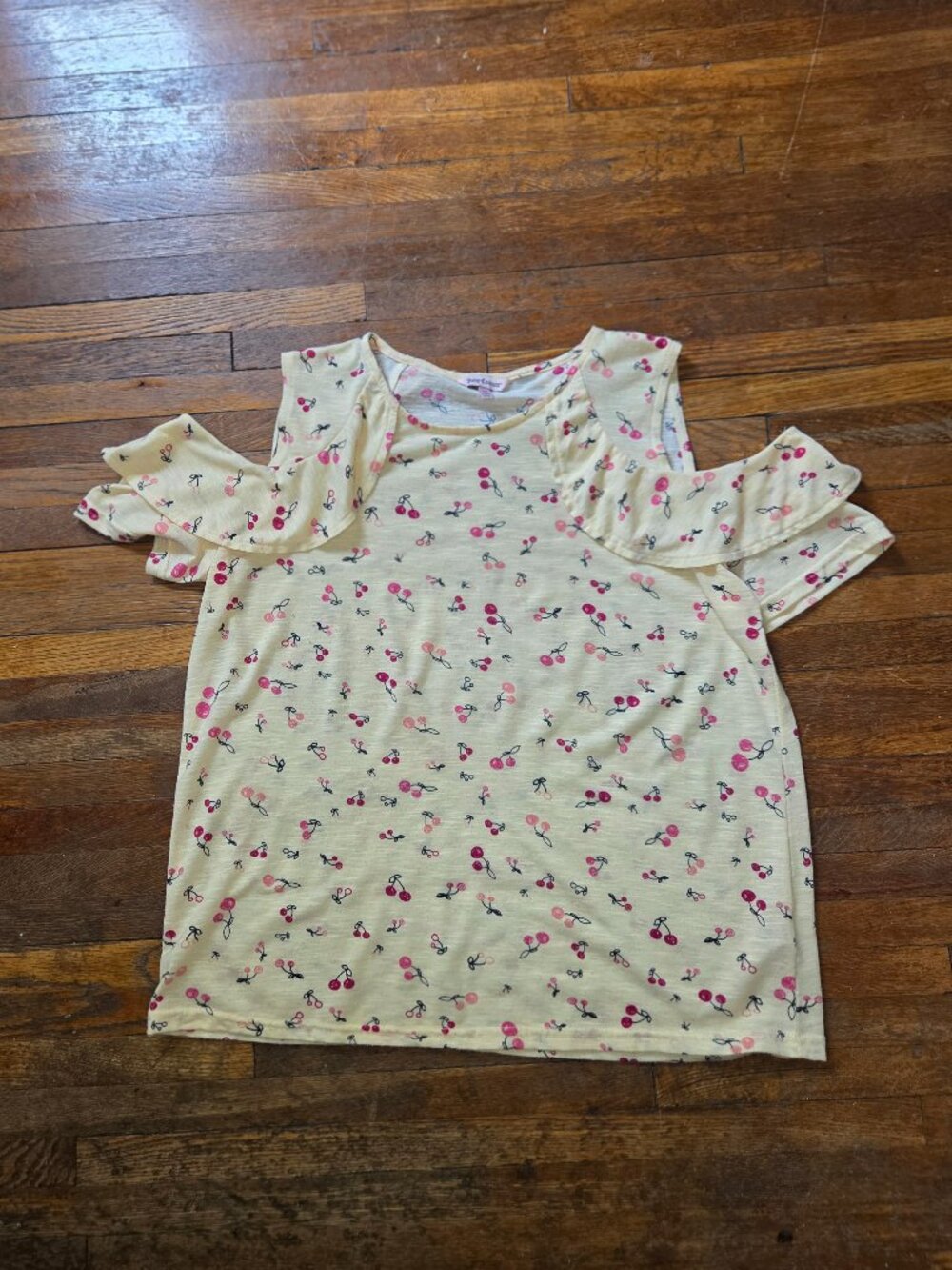 Juicy Couture Cold Shoulder Yellow Cherry Print Short Sleeve Tee